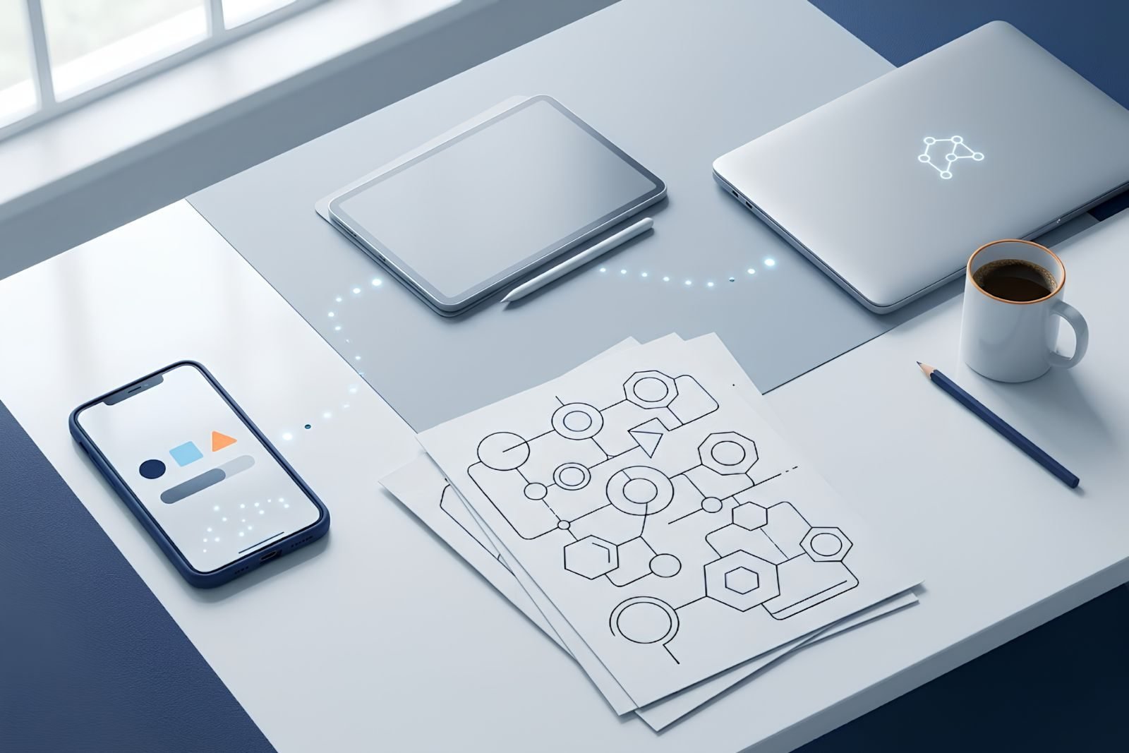 Hands using a calculator and writing notes during practical planning on a white desk