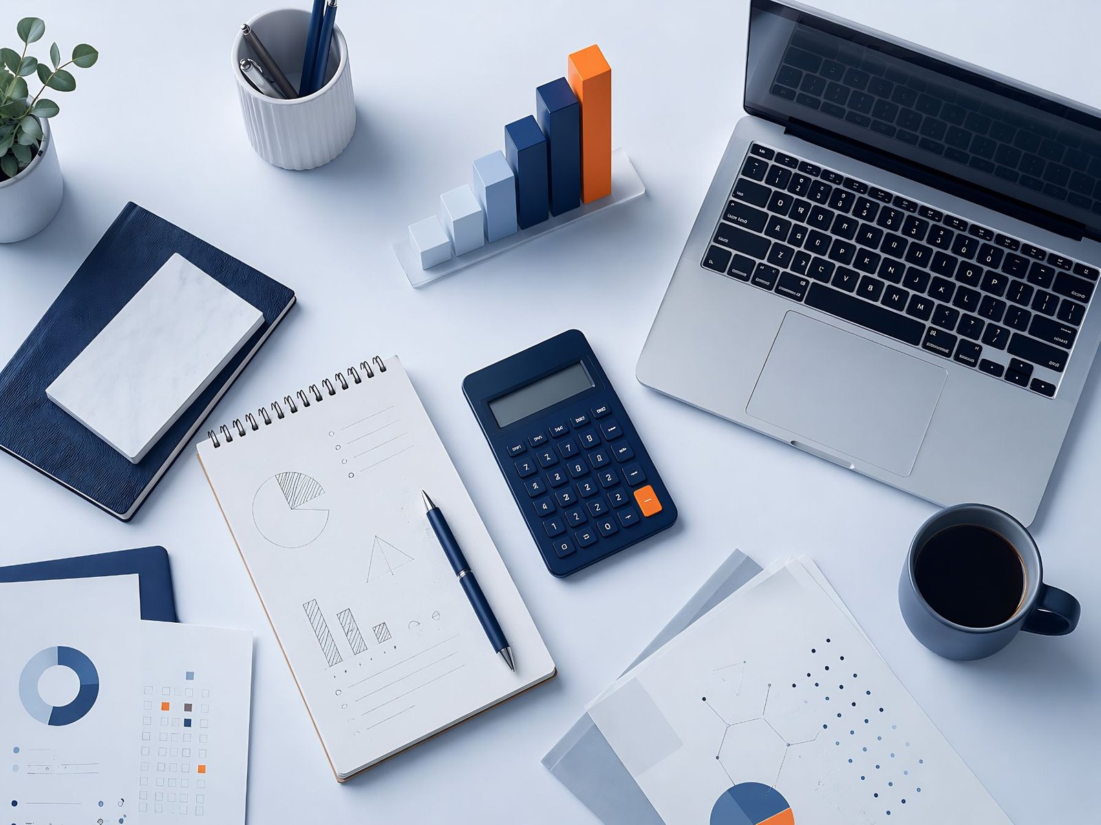 A clean desk with a laptop, coffee, and calculator arranged for focused work
